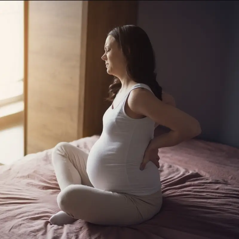 Pregnant woman sitting on her bed holding her lower back